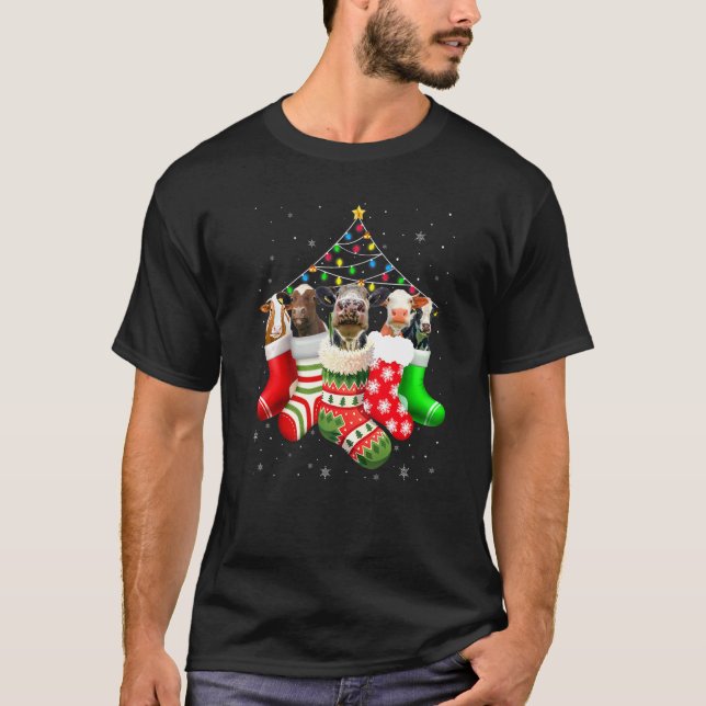 T-shirt Vache en chaussettes Noël Pyjama Lumières de neige (Devant)