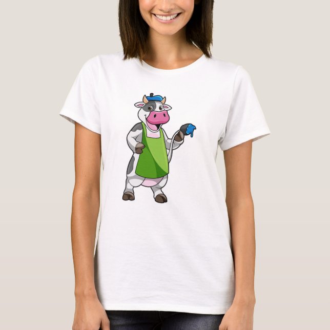 T-shirt Vache en peintre avec peinture et tablier (Devant)