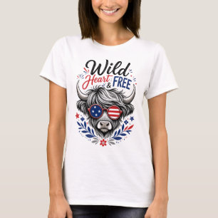 T-shirt Vache Highland Patriotique Graphique Cœur Sauvage