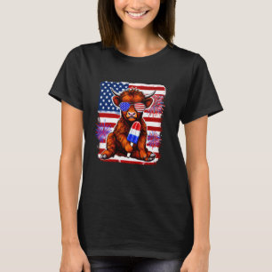 T-shirt Vache Highland Popsicle Feu d'artifice USA Ame 4 j