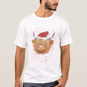 T-shirt Vache Highland portant Noël casquette