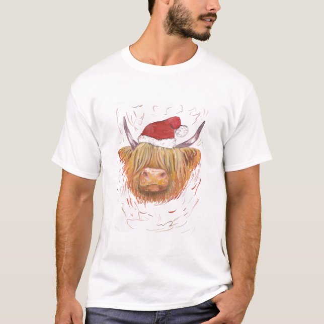 T-shirt Vache Highland portant Noël casquette  (Devant)