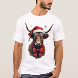 T-shirt Vache Highland vintage Noël au chapeau de Père Noë