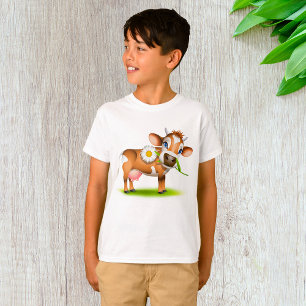 T-shirt Vache laitière au dessin mignonne avec fleur et he