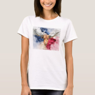 T-shirt Vache Longhorn avec Texas Drapeau Carte Aquarelle
