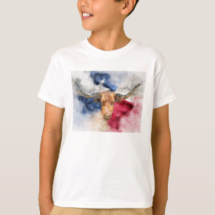 T-shirt Vache Longhorn avec Texas Drapeau Carte Aquarelle