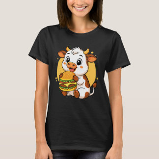 T-shirt Vache Mignonne Mangeant Un Burger Drôle Kawaii Nou