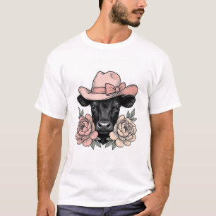 T-shirt Vachette Cowgirl Rose avec Pivoines Vintage Vector