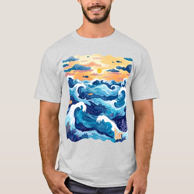 T-shirt Vagues de l'océan au coucher du soleil – M (Devant)