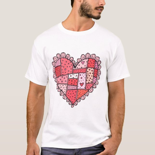 T-shirt Valentine's Day Faux Patchwork Heart Doodle Style (Devant)