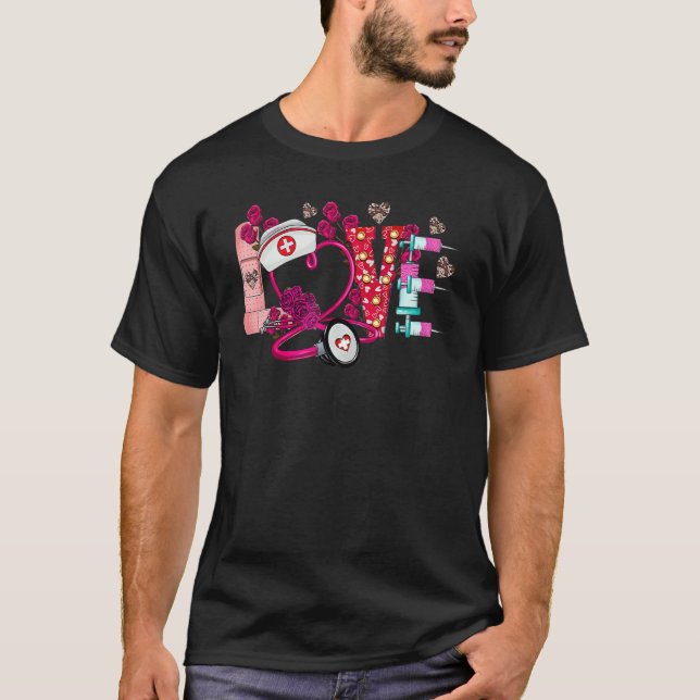 T-shirt Valentines Day Love Nurse Rose Heart Matching Coup (Devant)