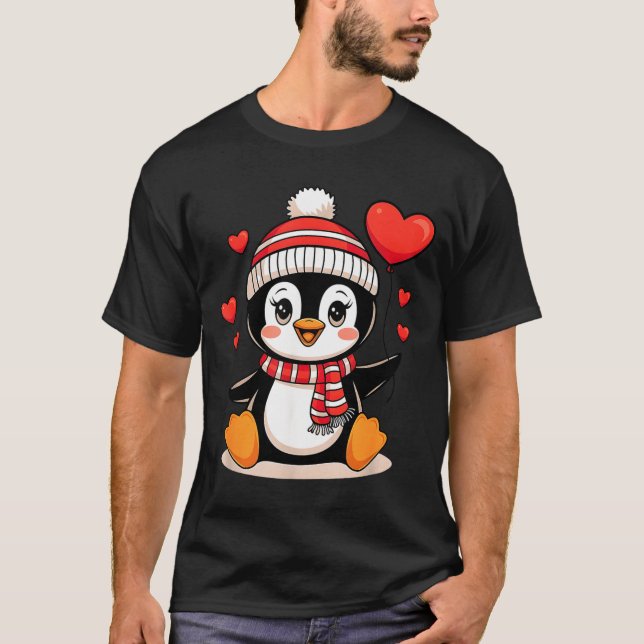 T-shirt Valentine's Day Penguin Heart Balloon Cute  (Devant)