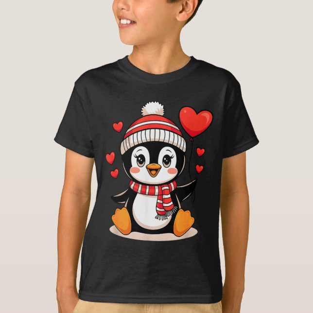 T-shirt Valentine's Day Penguin Heart Balloon Cute  (Devant)