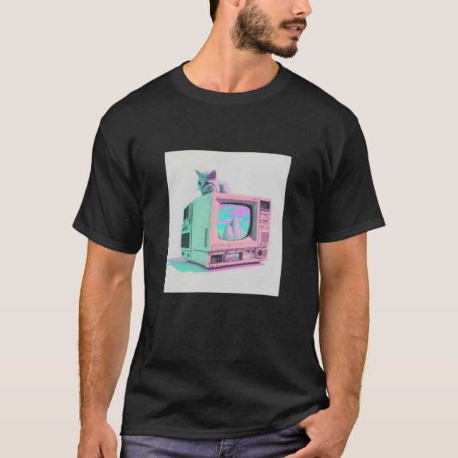 T-shirt Vaperwave Aesthétique Glitch Chat Rétrowave Synthw (Devant)