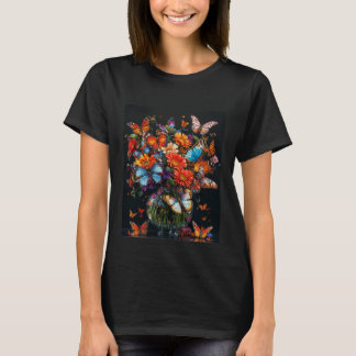 T-shirt Vase en verre avec papillons et fleurs colorés.