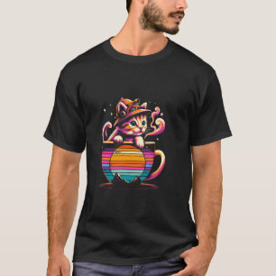 T-shirt Vecteur d'aventure de chat et de café au coucher d