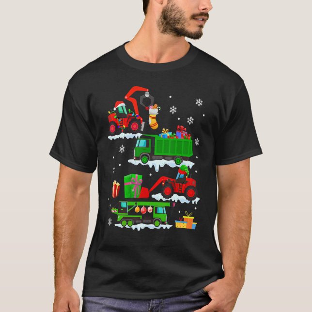 T-shirt Véhicule de construction Camions rouges Noël Hiver (Devant)