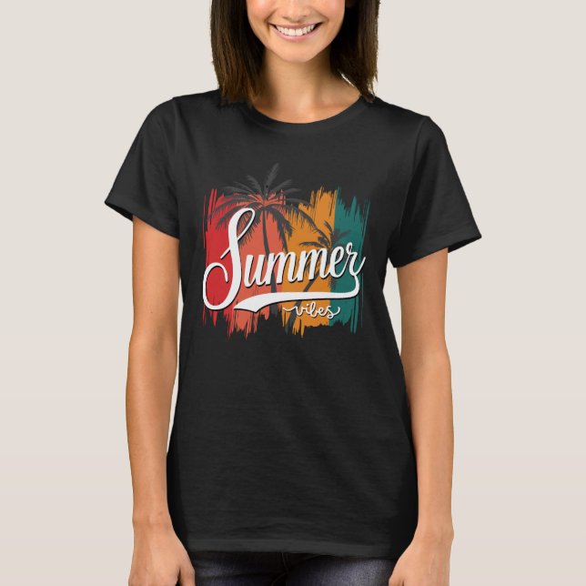 T-shirt Vibes D'Été Coucher De Soleil Rétro Et Palmiers Fe (Devant)