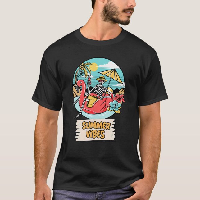 T-shirt Vibes d'été Squelette Flamant rose rose Flamingl (Devant)