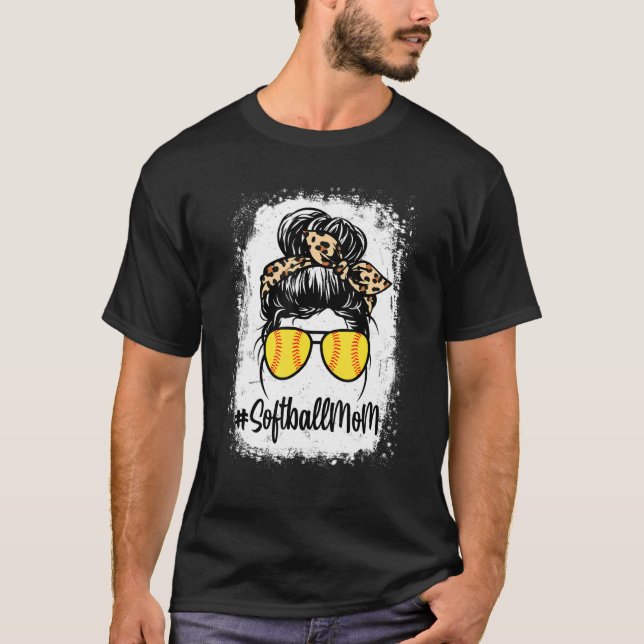 T-shirt Vie Mère De Softball Bleu Avec Leopard Et Messager (Devant)