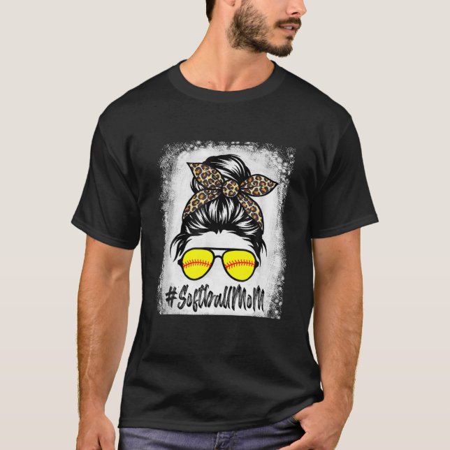 T-shirt Vie Mère De Softball Bleu Avec Leopard Et Messager (Devant)