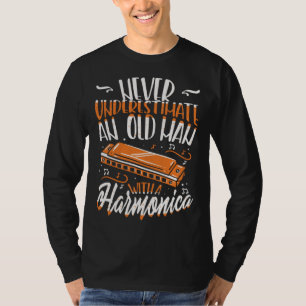 T-shirt Vieil Homme Avec Un Harmonica I Instrument de Mus