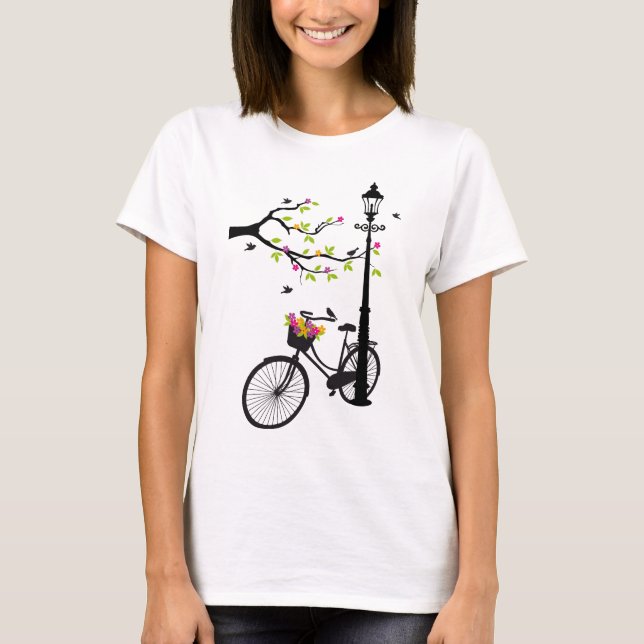 T-shirt Vieille bicyclette avec la lampe, panier de fleur, (Devant)