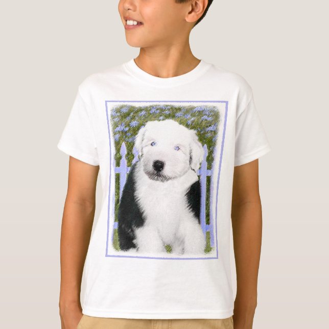 T-shirt Vieux anglais Sheepdog Puppy Peinture - Chien Art (Devant)