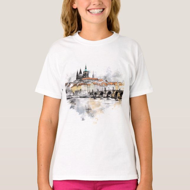 T-shirt Vieux Prague, aquarelle du pont Charles (Devant)