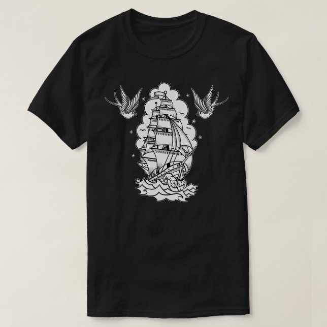 T-shirt Vieux voilier de voile Tattoo Clipper Navire et hi (Design devant)
