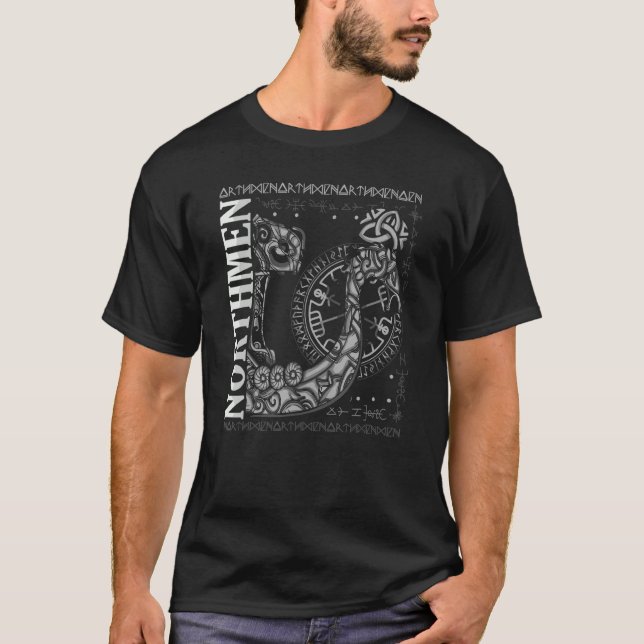 T-shirt Viking Norseman Boat Runes Odin's Hammer Norse Com (Devant)