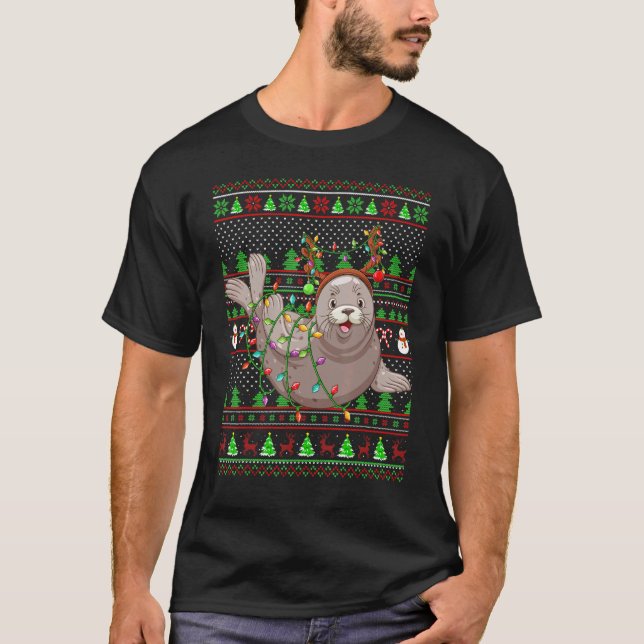 T-shirt Vilain Chandail style Éclairage Phoques Noël (Devant)