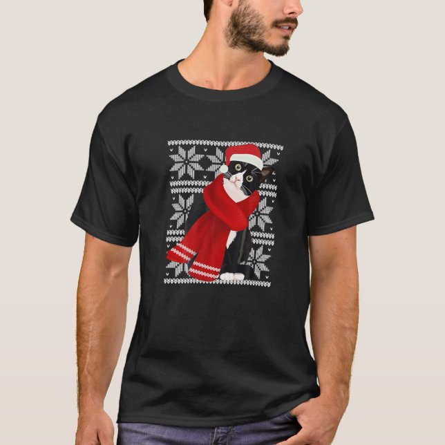 T-shirt Vilain Noël Chat Noir Santa Hat Scarf Fête C (Devant)