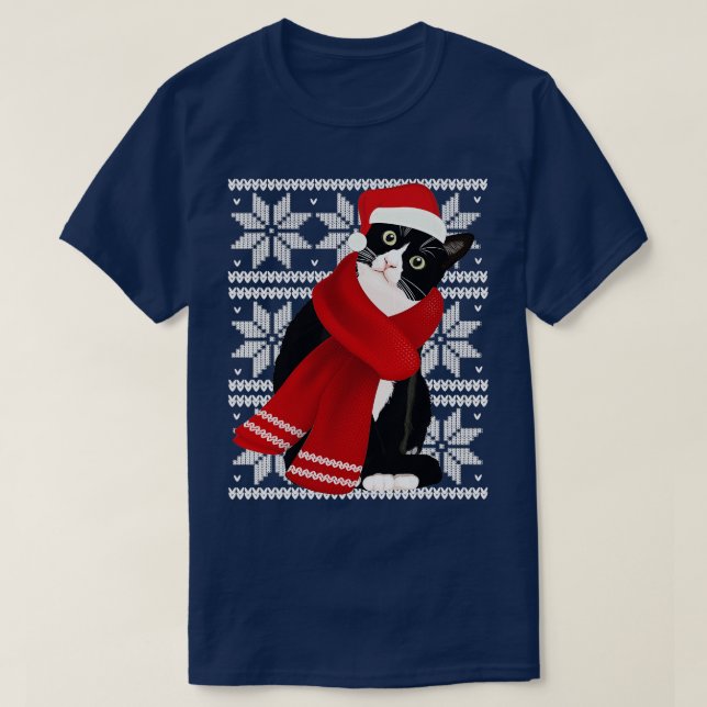 T-shirt Vilain Noël Chat Noir Santa Hat Scarf Fête C (Design devant)