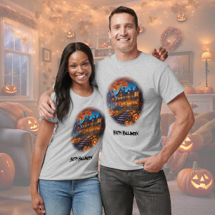 T-shirt villa éffrayante dans la forêt, citrouilles, Hallo
