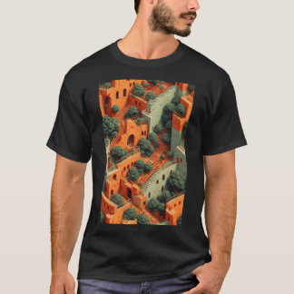 T-shirt Village surréaliste en terrasse avec arbres et esc