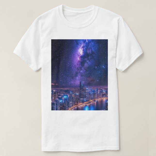 T-shirt Ville des étoiles : Skyline futuriste sous une gal (Design devant)