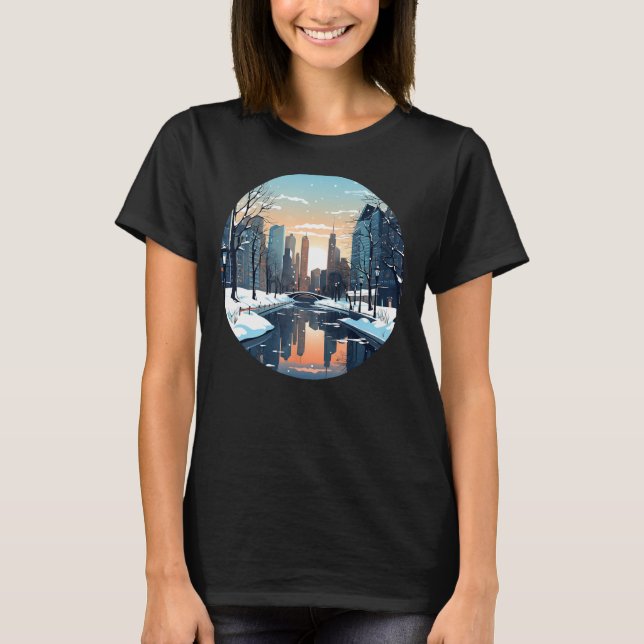 T-shirt Ville hivernale cool avec lac en hiver saison pour (Devant)
