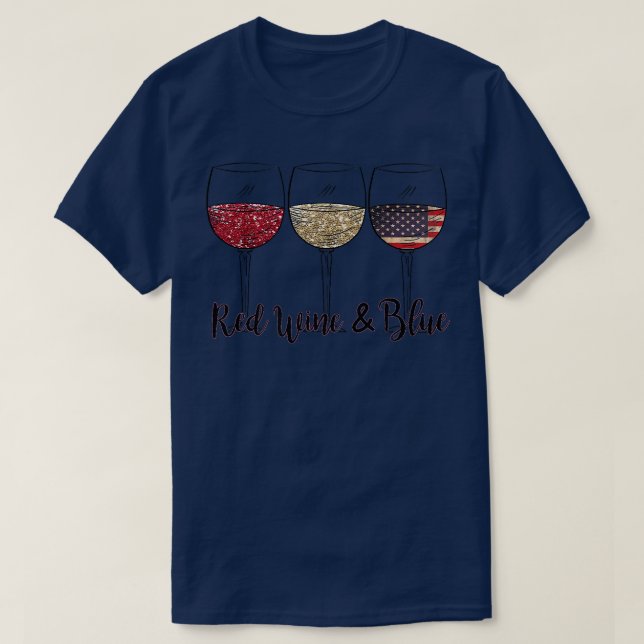 T-shirt Vin Rouge Et Bleu Drôle 4 juillet Vin À Boire  (Design devant)