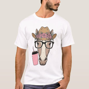 T-shirt Vintage Cowgirl Cheval Avec Fleurs et Boisson Rose