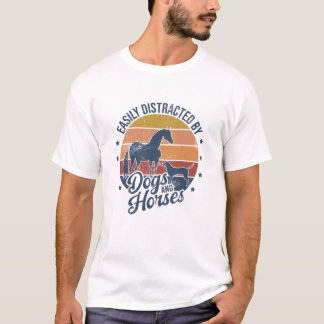 T-shirt Vintage Facilement distrait par Chevaux et Chiens 