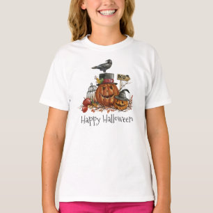 T-shirt Vintage Halloween Black Bird & Citrouille Crew Shi
