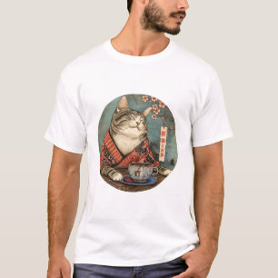T-shirt Vintage japonais art chat heureux avec une tasse d