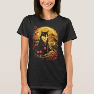 T-shirt Vintage japonais Art Samurai noir et bronze Shiba 