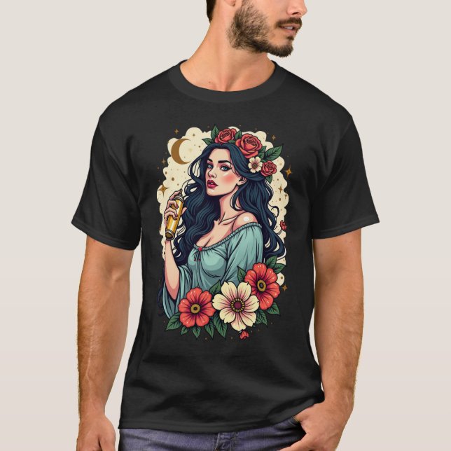 T-shirt Virgo Zodiac Design - Floral Maiden avec Gold Spra (Devant)