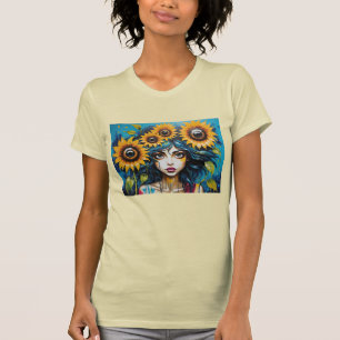 T-shirt Visage Expressif De Fille Avec Des Tournesols