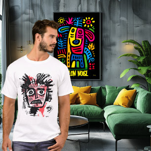 T-shirt Visage Tribal Abstrait - Gras noir et rose urbain