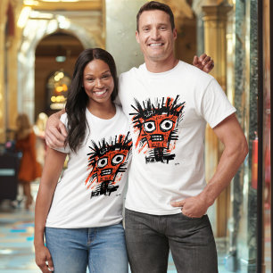 T-shirt Visage Tribal Abstrait - Orange audacieux et noir 