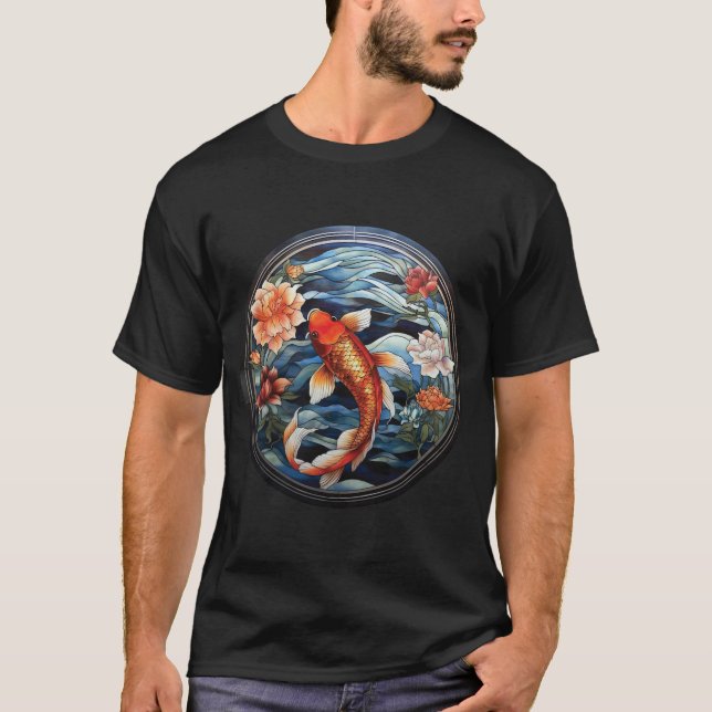 T-shirt Vitrail asiatique style Koi Poisson et Camellias (Devant)