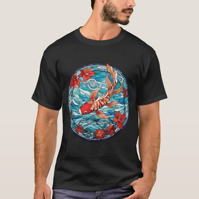 T-shirt Vitrail asiatique style Koi Poisson et Camellias (Devant)
